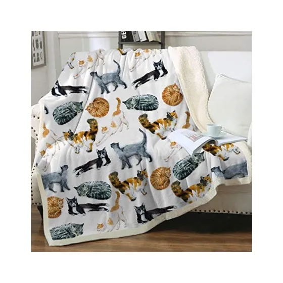 Sleepwish Cats Print Plush Sherpa Throw Blanket Reversible