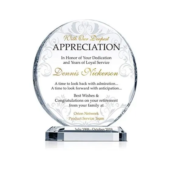 Crystal Central Personalized Crystal Employee Retirement Appreciation Gift Plaque