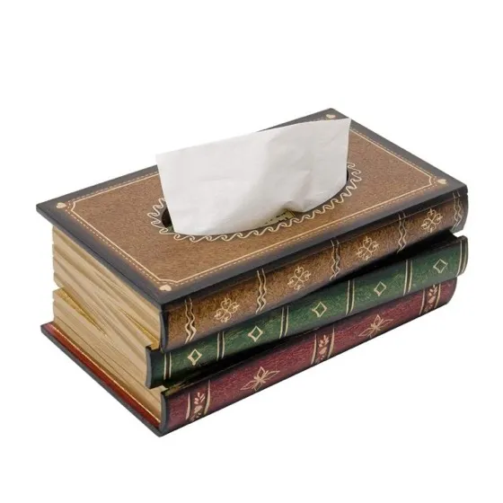 Retro Wooden Antique Book Tissue Box Cover Rectangular Home Library