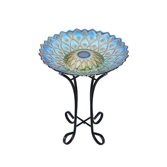 Mumtop Outdoor Glass Bird Bath Solar Birdbath with Metal Stand