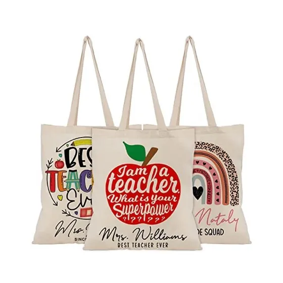 Personalized Teacher's Appreciaton Camvas Tote Bags w/Name & Text