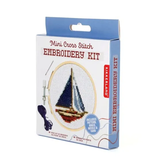 Kikkerland DIY Mini Cross Stitch Sailboat Embroidery Craft Starter Kit