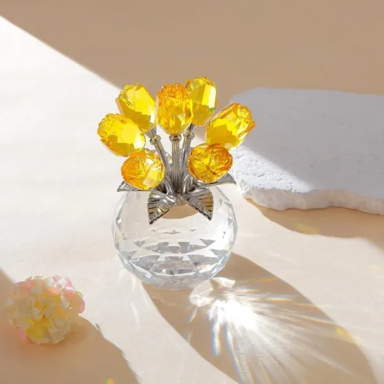 Yellow Rose Crystal Figurine With Vase