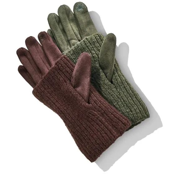 2-in-1 Faux Suede Gloves with Ribbed Knit Wrist Warmers